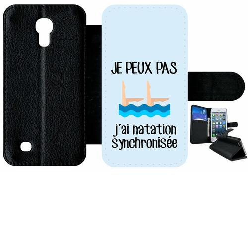 Etui À Rabat Samsung I9190 Galaxy S4 Mini - Je Peux Pas J Ai Natation Synchronisee Fond Bleu - Simili-Cuir - Noir