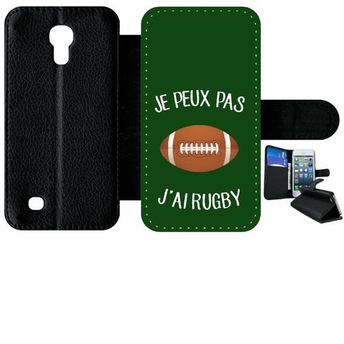 Etui À Rabat Samsung I9190 Galaxy S4 Mini - Je Peux Pas J Ai Rugby Ballon Fond Vert - Simili-Cuir - Noir