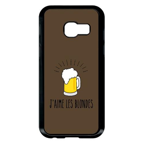 Coque Pour Smartphone - J Aime Les Blondes Biere Fond Brun - Compatible Avec Samsung Galaxy A3 (2017) - Plastique - Bord Noir