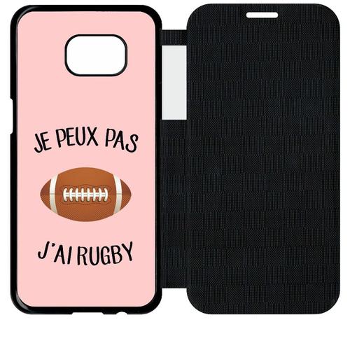 Etui A Flip Flap - Je Peux Pas J Ai Rugby Ballon Fond Rose - Compatible Avec Samsung Galaxy S7 Edge - Simili-Cuir - Bord Noir