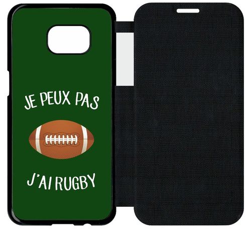 Etui A Flip Flap - Je Peux Pas J Ai Rugby Ballon Fond Vert - Compatible Avec Samsung Galaxy S7 Edge - Plastique - Bord Noir