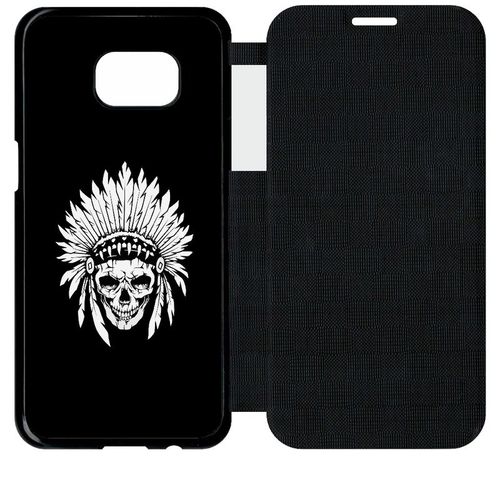 Etui A Flip Flap - Tete De Mort Coiffe Indienne Noir Et Blanc - Compatible Avec Samsung Galaxy S7 Edge - Plastique - Bord Noir
