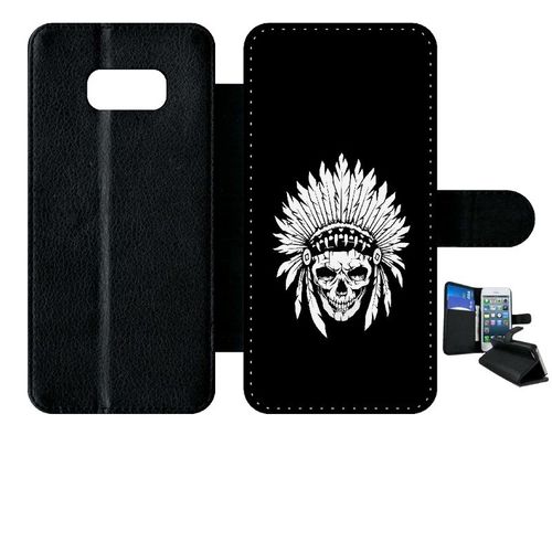 Etui À Rabat Galaxy S8+ - Tete De Mort Coiffe Indienne Noir Et Blanc - Simili-Cuir - Noir