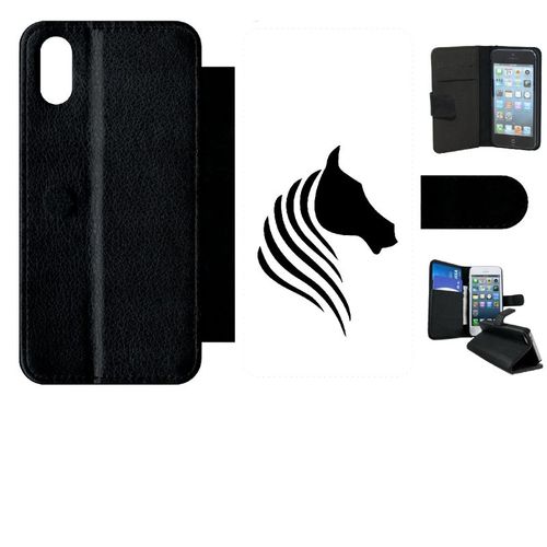 Etui A Rabat - Cheval Fond Blanc - Compatible Avec Apple Iphone Xs - Plastique - Bord Noir