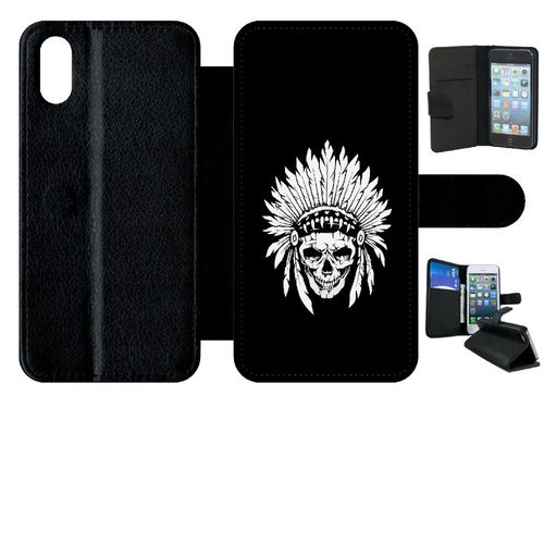 Etui A Rabat - Tete De Mort Coiffe Indienne Noir Et Blanc - Compatible Avec Apple Iphone Xs - Plastique - Bord Noir