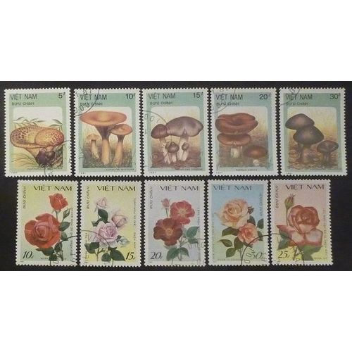 Vietnam Lot De 10 Timbres De 1987 Champignons Et Roses