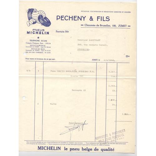 Pneus Michelin. Facture De Pechny & Fils Jumet. 1958