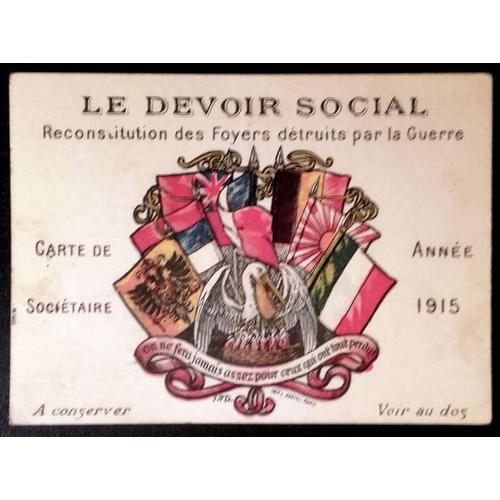 14-18 : Carte De Sociétaire Du Devoir Social Pour La Reconstitution Des Foyers Détruits Par La Guerre