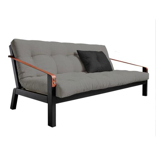 Canapé convertible 2 places en cuir gris avec matelas futon et pieds en  bois noir POETRY