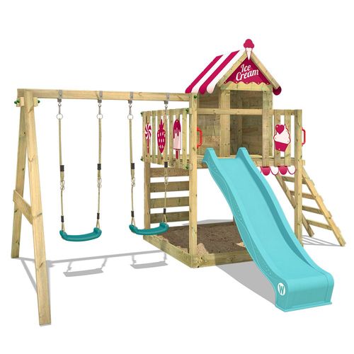 Wickey Aire De Jeux Portique Bois Smart Candy Avec Balançoire Et Toboggan Turquoise, Cabane Enfant Exterieur Avec Bac À Sable, Échelle D'escalade & Accessoires De Jeux