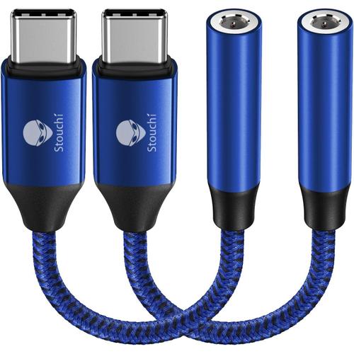 Adaptateur USB C Jack de Casque 3,5mm, écouteurs Audio Numérique Type C vers Aux,Clé Audio,Puce DAC Haute Résolution,Compatible avec Samsung Galaxy S23 Ultra S22+,Pixel 7,Bleu Paquet de 2