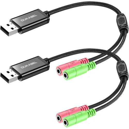 Pack de 2 Carte Son Externe USB pour PC, Ordinateur Portable et PS4, Adaptateur USB vers 2 x 3,5 mm Femelle pour Casque, Haut-parleurs et Microphone TRS 3 Pôles - 25 cm Noir