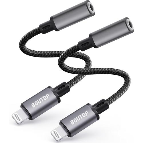 Lot de 2 adaptateurs Lightning vers prise jack 3,5 mm pour iPhone, iPad et iPod - Compatible avec écouteurs, écouteurs, autoradios de voiture avec prise casque 3,5 mm - Gris