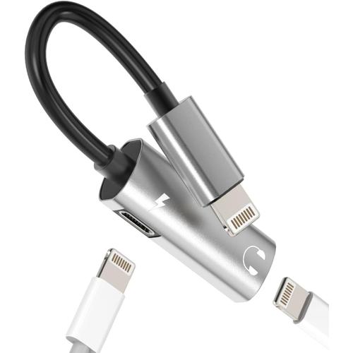 Lightning Jack Chargeur Double Prise(2en1) Adaptateur Ecouteur Iphone Accessoire Cable Certifié Apple MFI pour 14 13 12 11 Pro Max 7 8 Plus X Se XS XR Ipad 2 Air Voiture Audio Casque Aux