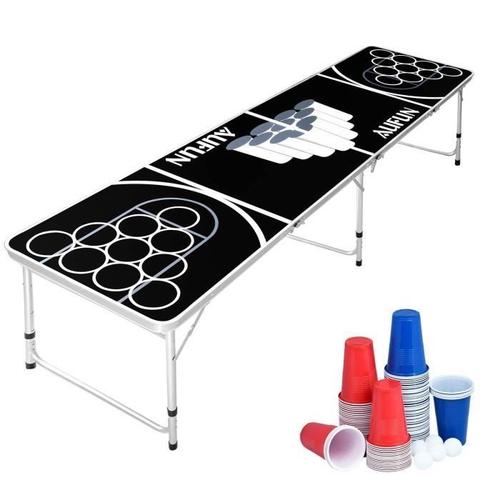 Beer Pong Set de table avec 100 gobelets (50 rouges et 50 bleues), 5 balles, table de pong de qualité supérieure réglable en hauteur