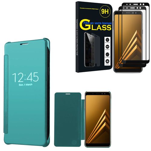 Coque Silicone Pour Samsung Galaxy A8 (2018) A530f 5.6" Gel Rigide Livre Rabattable - Bleu + 2 Films Verre Trempé - Noir