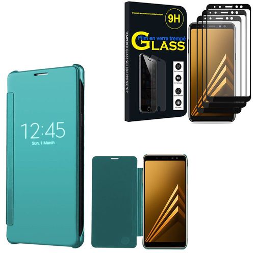 Coque Silicone Pour Samsung Galaxy A8 (2018) A530f 5.6" Gel Rigide Livre Rabattable - Bleu + 3 Films Verre Trempé - Noir