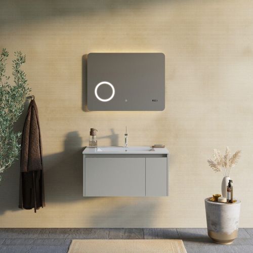 ARMOIRE DE SALLE DE BAIN 80CM SABLE MAT ET MIROIR À LED AVEC HORLOGE | MONACO