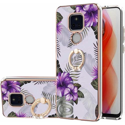 Compatible Avec Coque Motorola Moto G Play 2021 Marbre Concevoir Étui Avec 360° Béquille À Anneau Réglable Souple Tpu Antichoc Housse Protection-Fleur Mauve