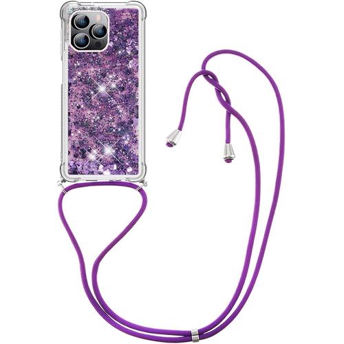 Collier Pour Iphone 14 Pro Coque Glitter Quicksands Étui De Téléphone Avec Cordon,Réglable Téléphone Lanyard Case,Antichoc Etui Brillante Housse Cover-Mauve