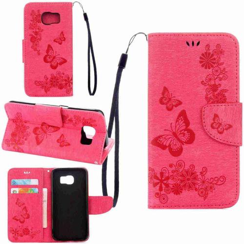 Étui Pour Samsung Galaxy S7 Edge Haute Qualité Ultra Mince Etui Avec Slot Pochette Portable Flip Wallet Housse Similicuir Portefeuille Gros Papillon Rose Red