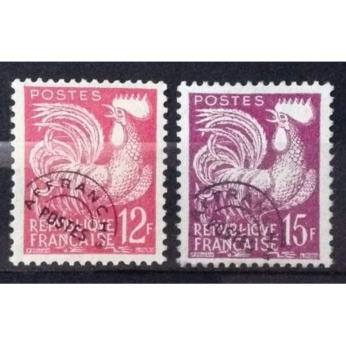 Préoblitéré Coq 12f Rouge Carminé (N° 111) + 15f Lilas (N° 112) Obl - France Année 1953 - N23307