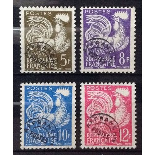 Préoblitéré Coq 5f Brun-Olive (N° 107) + 8f Violet (N° 109) + 10f Bleu (N° 110) + 12f Rouge Carminé (N° 111) Obl - France Année 1953 - N23306