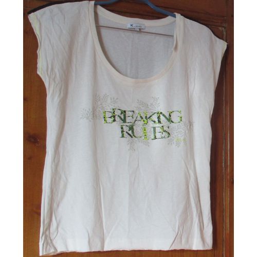 Léger Tee-Shirt Féminin Sans Manches-Grande Encolure Ronde- Beige Avec Inscription Breaking Rules Sur Un Discret Feuillage - K Par Kookai - Taille L - 100% Coton Un Peu Transparent- Peu Porté