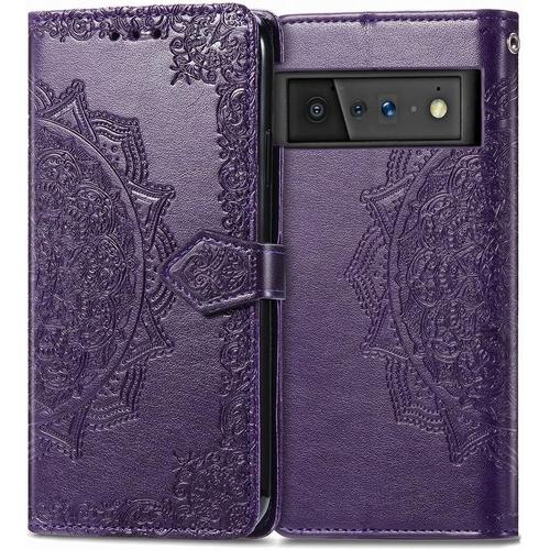 Coque Pour Google Pixel 6 Etui Housse Cuir Fleurs De Datura Portefeuille Avec Fente Pour Carte Magnétique Flip Cover Silicone Etui Pour Google Pixel 6 Mauve