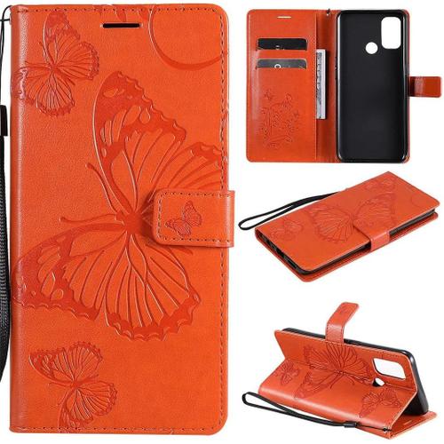 Étui Pour Oppo A53 2020 Motif Papillon En Cuir Synthétique À Rabat Magnétique Emplacements Pour Cartes Dragonne Housse De Protection Pour Oppo A53 2020 Orange