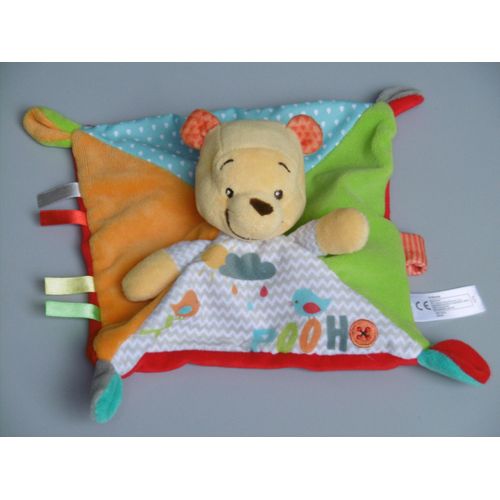 Doudou ours Winnie Pooh plat carré rouge orange bleu vert nuage oiseau Disney Nicotoy