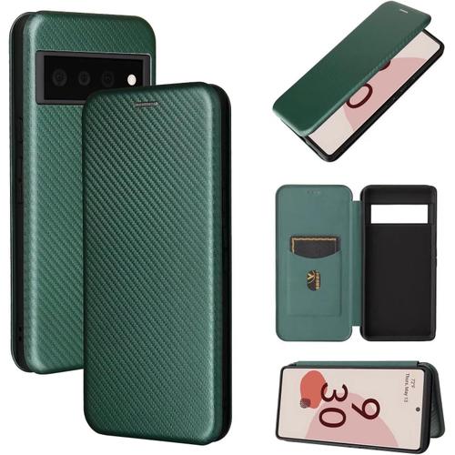 Compatible Avec Coque Google Pixel 6 Pro, Mince Flip Fibre De Carbone Test De Chute Antichoc Stand Fente Avec Carte, Protecteur D'écran En Verre Trempé 2-Vert