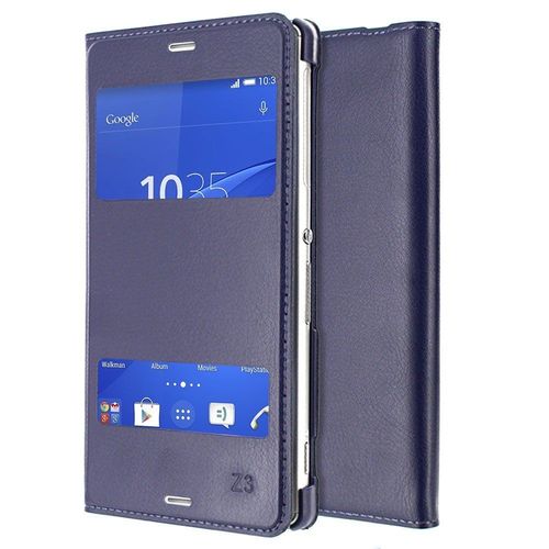 Etui A Rabat Sony Xperia Z3 Bleu Nuit Clap Touch Double Fenetre Eco-Cuir (Pu)