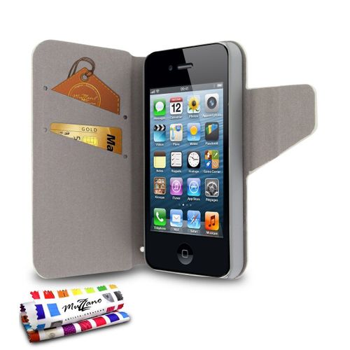 Etui A Rabat Iphone 4 4s Folio Uv Blanc Eco-Cuir (Pu)