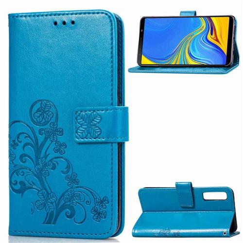 Samsung Galaxy A7 2018 Coque, Saturcase Lucky Clover Pu Cuir Magnétique Flip Portefeuille Support Porte-Carte Protecteur Coque Housse Étui Avec Dragonne Pour Samsung Galaxy A7 2018 (Bleu)