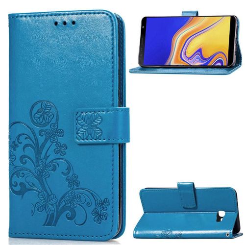 Samsung Galaxy J4 Plus 2018 Coque, Saturcase Lucky Clover Pu Cuir Magnétique Flip Portefeuille Support Porte-Carte Protecteur Coque Housse Étui Avec Dragonne Pour Samsung Galaxy J4 Plus 2018 (Bleu)