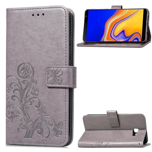 Samsung Galaxy J4 Plus 2018 Coque, Saturcase Lucky Clover Pu Cuir Magnétique Flip Portefeuille Support Porte-Carte Protecteur Coque Housse Étui Avec Dragonne Pour Samsung Galaxy J4 Plus 2018 (Gris)