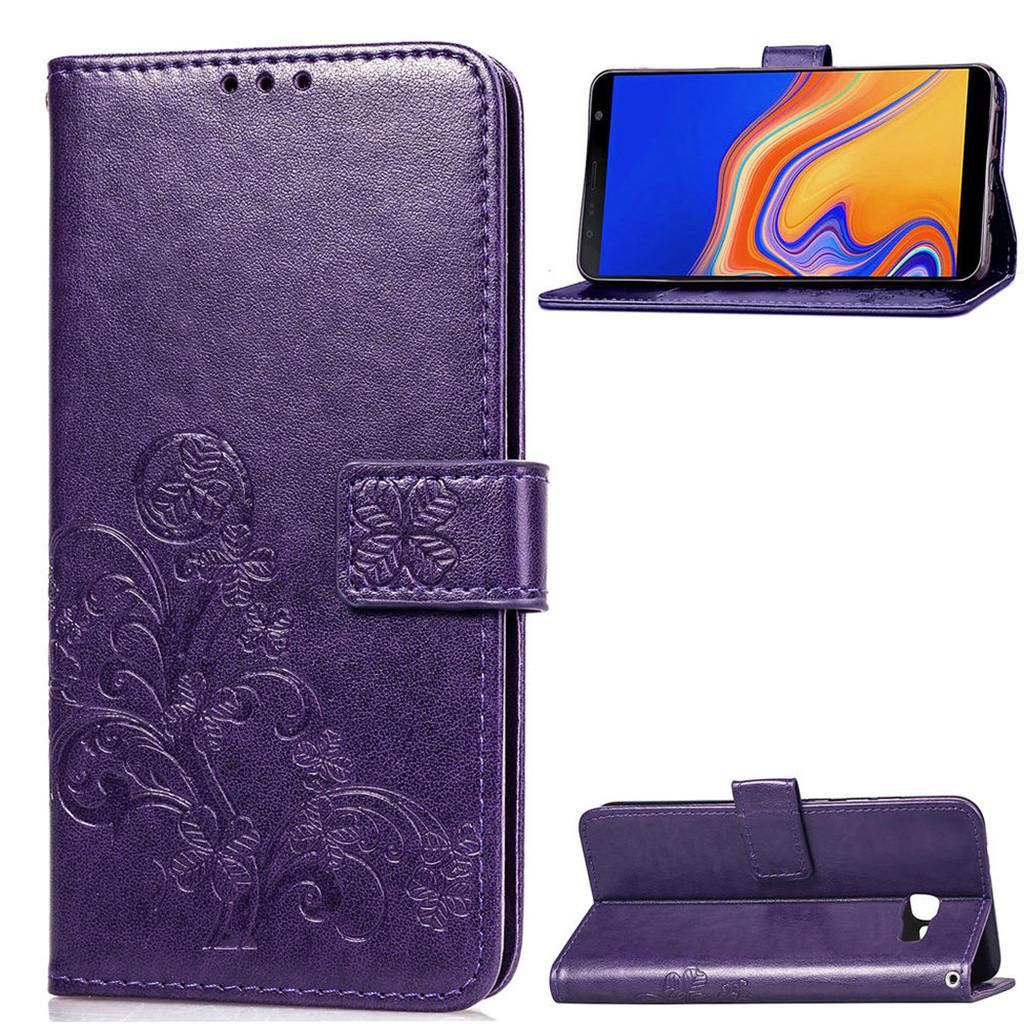 Samsung Galaxy J4 Plus 2018 Coque, Saturcase Lucky Clover Pu Cuir Magnétique Flip Portefeuille Support Porte-Carte Protecteur Coque Housse Étui Avec Dragonne Pour Samsung Galaxy J4 Plus 2018 (Violet)