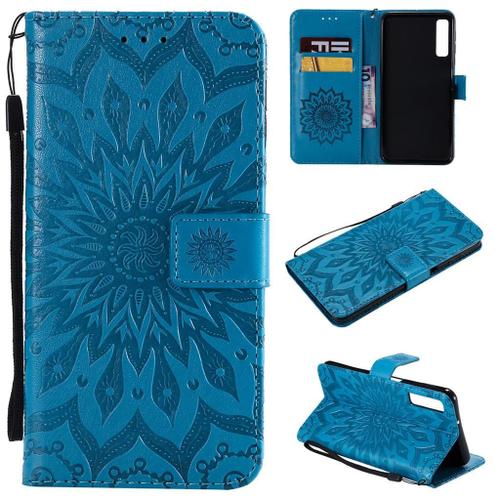 Samsung Galaxy A7 2018 Coque, Saturcase Fleur Du Soleil Gaufrage Pu Cuir Magnétique Flip Portefeuille Support Porte-Carte Protecteur Coque Housse Étui Avec Dragonne Pour Samsung Galaxy A7 2018 (Bleu)