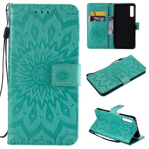 Samsung Galaxy A7 2018 Coque, Saturcase Fleur Du Soleil Gaufrage Pu Cuir Magnétique Flip Portefeuille Support Porte-Carte Protecteur Coque Housse Étui Avec Dragonne Pour Samsung Galaxy A7 2018 (Vert)