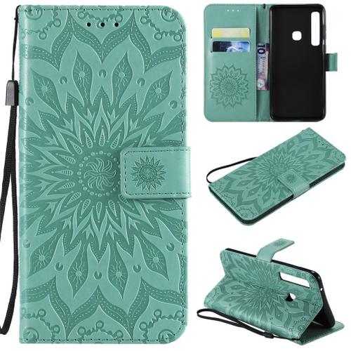 Samsung Galaxy A9 2018 Coque, Saturcase Fleur Du Soleil Gaufrage Pu Cuir Magnétique Flip Portefeuille Support Porte-Carte Protecteur Coque Housse Étui Avec Dragonne Pour Samsung Galaxy A9 2018 (Vert)