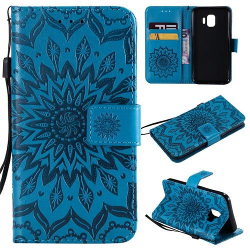 Samsung Galaxy J2 Core Coque, Saturcase Fleur Du Soleil Gaufrage Pu Cuir Magnétique Flip Portefeuille Support Porte-Carte Protecteur Coque Housse Étui Avec Dragonne Pour Samsung Galaxy J2 Core (Bleu)