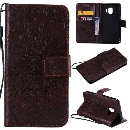 Samsung Galaxy J2 Core Coque, Saturcase Fleur Du Soleil Gaufrage Pu Cuir Magnétique Flip Portefeuille Support Porte-Carte Protecteur Coque Housse Étui Avec Dragonne Pour Samsung Galaxy J2 Core (Marron)