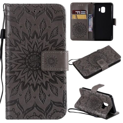Samsung Galaxy J2 Core Coque, Saturcase Fleur Du Soleil Gaufrage Pu Cuir Magnétique Flip Portefeuille Support Porte-Carte Protecteur Coque Housse Étui Avec Dragonne Pour Samsung Galaxy J2 Core (Gris)