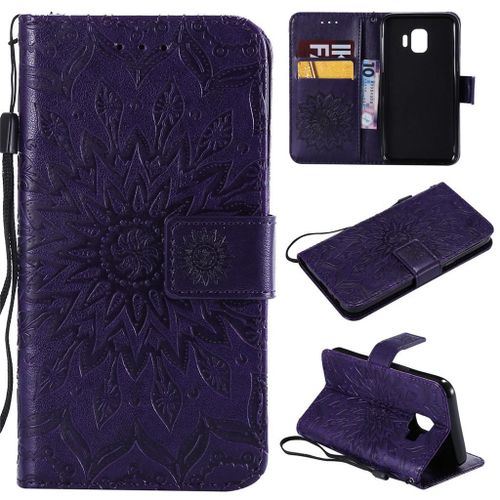Samsung Galaxy J2 Core Coque, Saturcase Fleur Du Soleil Gaufrage Pu Cuir Magnétique Flip Portefeuille Support Porte-Carte Protecteur Coque Housse Étui Avec Dragonne Pour Samsung Galaxy J2 Core (Violet)