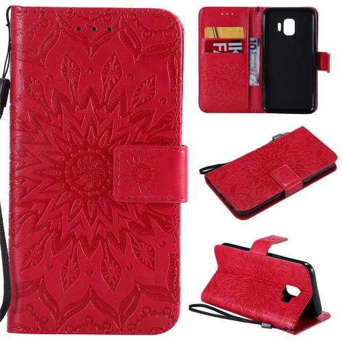 Samsung Galaxy J2 Core Coque, Saturcase Fleur Du Soleil Gaufrage Pu Cuir Magnétique Flip Portefeuille Support Porte-Carte Protecteur Coque Housse Étui Avec Dragonne Pour Samsung Galaxy J2 Core (Rouge)