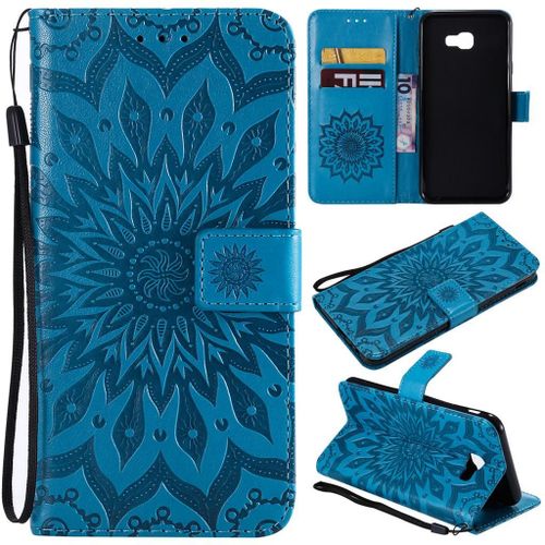 Samsung Galaxy J4 Plus 2018 Coque, Saturcase Fleur Du Soleil Gaufrage Pu Cuir Magnétique Flip Portefeuille Support Porte-Carte Protecteur Coque Housse Étui Avec Dragonne Pour Samsung Galaxy J4 Plus 2018 (Bleu)