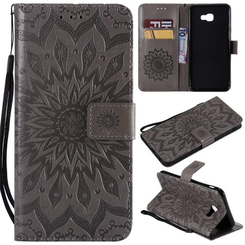 Samsung Galaxy J4 Plus 2018 Coque, Saturcase Fleur Du Soleil Gaufrage Pu Cuir Magnétique Flip Portefeuille Support Porte-Carte Protecteur Coque Housse Étui Avec Dragonne Pour Samsung Galaxy J4 Plus 2018 (Gris)