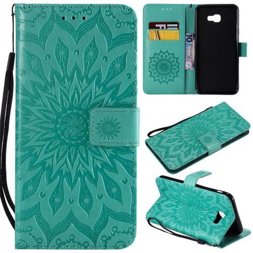 Samsung Galaxy J4 Plus 2018 Coque, Saturcase Fleur Du Soleil Gaufrage Pu Cuir Magnétique Flip Portefeuille Support Porte-Carte Protecteur Coque Housse Étui Avec Dragonne Pour Samsung Galaxy J4 Plus 2018 (Vert)