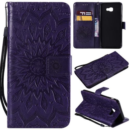Samsung Galaxy J4 Plus 2018 Coque, Saturcase Fleur Du Soleil Gaufrage Pu Cuir Magnétique Flip Portefeuille Support Porte-Carte Protecteur Coque Housse Étui Avec Dragonne Pour Samsung Galaxy J4 Plus 2018 (Violet)